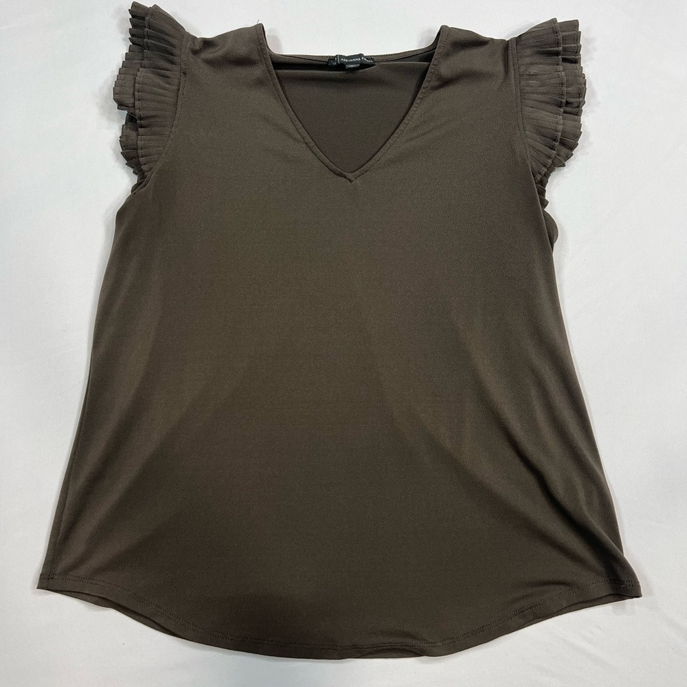 Adrianna Papell V-Neck Blouse with Ruffle Sleeves - Dark Brown